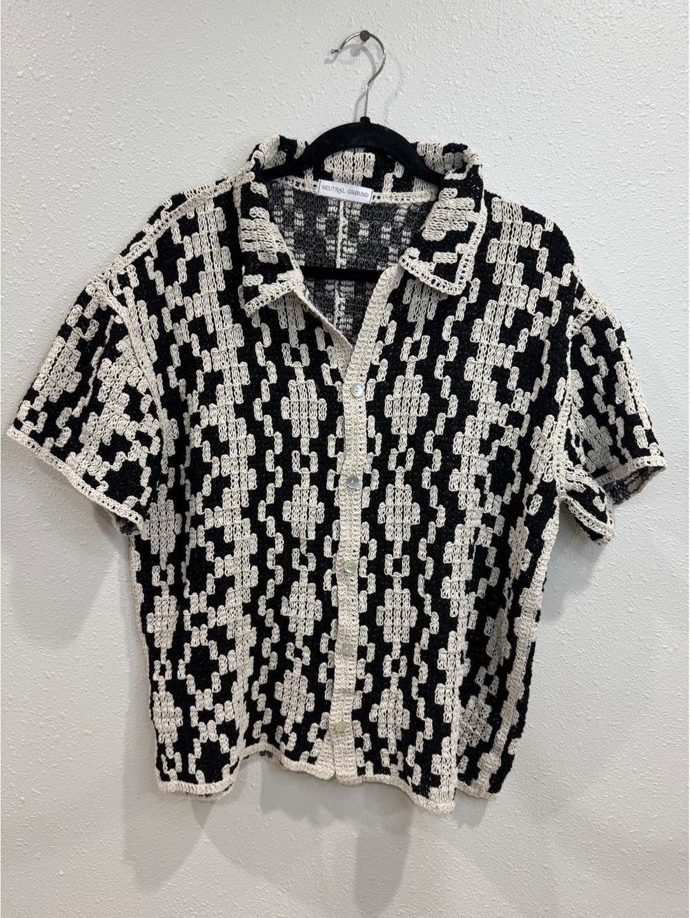 Neutral Ground Cove Crochet Cotton Shirt & Shorts Set Black Natural Resort